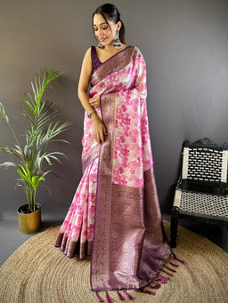 SGF11 - Pink Women Kanjivaram Printed Soft Silk Kalamkari Saree with Unstitched Blouse