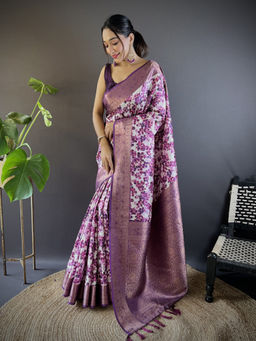 SGF11 - Purple Women Kanjivaram Printed Soft Silk Kalamkari Saree with Unstitched Blouse