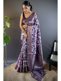 SGF11 - Purple Women Kanjivaram Printed Soft Silk Kalamkari Saree with Unstitched Blouse