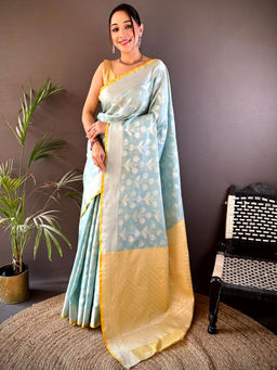 SGF11 - Light Blue Women Cotton Linen Soft Silk Saree with Unstitched Blouse