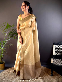 SGF11 - Cream Women Kanjivaram Tissue Soft Silk Saree with Unstitched Blouse