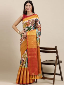 SGF11 - Yellow Women Kanjivaram Printed Soft Silk Kalamkari Saree with Unstitched Blouse