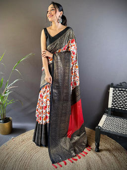 SGF11 - Black Women Chanderi Silk Printed Patola Saree with Unstitched Blouse