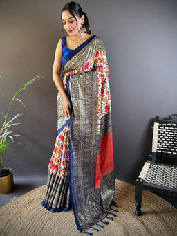 SGF11 - Blue Women Chanderi Silk Printed Patola Saree with Unstitched Blouse