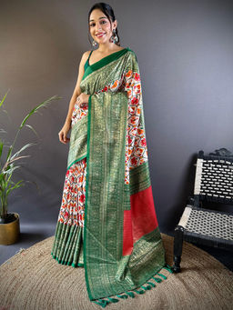 SGF11 - Green Women Chanderi Silk Printed Patola Saree with Unstitched Blouse