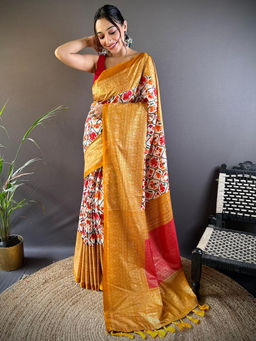 SGF11 - Yellow Women Chanderi Silk Printed Patola Saree with Unstitched Blouse