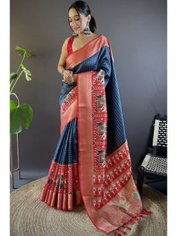 SGF11 - Blue Women Kanjivaram Printed Soft Silk Patola Saree with Unstitched Blouse