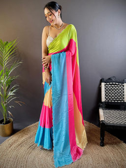 SGF11 - Blue Green Women Chiffon Silk Swarochi Work Saree with Unstitched Blouse