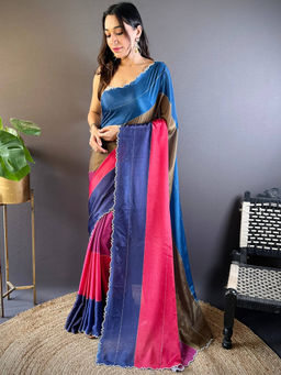 SGF11 - Pink Blue Women Chiffon Silk Swarochi Work Saree with Unstitched Blouse