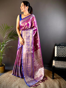 SGF11 - Purple Women Kanjivaram Soft Silk Saree with Unstitched Blouse