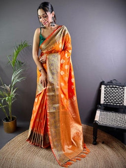 SGF11 - Orange Women Kanjivaram Soft Silk Saree with Unstitched Blouse