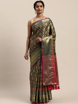 SGF11 - Black Women Kanjivaram Soft Silk Saree with Unstitched Blouse