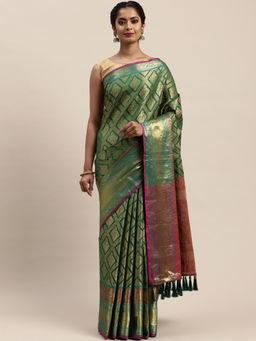 SGF11 - Green Women Kanjivaram Soft Silk Saree with Unstitched Blouse