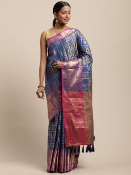 SGF11 - Blue Women Kanjivaram Soft Silk Saree with Unstitched Blouse