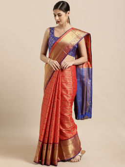 SGF11 - Orange Women Kanjivaram Soft Silk Saree with Unstitched Blouse