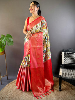 SGF11 - Pink Women Kanjivaram Soft Silk Printed Kalamkari Saree with Unstitched Blouse