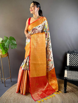 SGF11 - Yellow Women Kanjivaram Soft Silk Printed Kalamkari Saree with Unstitched Blouse