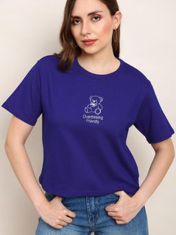 Globus - Women Navy Blue Round Neck Graphic Printed Boxy Fit T-shirt