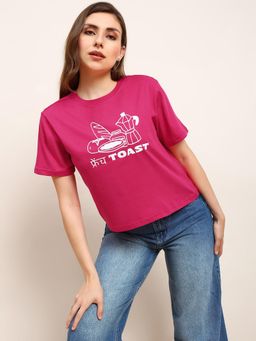 Globus - Women Pink Round Neck Graphic Printed Boxy Fit T-shirt