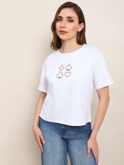 Globus - Women White Round Neck Graphic Printed Boxy Fit T-shirt