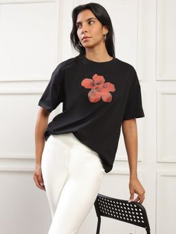Globus - Women Black Round Neck Floral Printed Oversized T-shirt