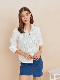 Latin Quarters - Women White Self Design Full Sleeves Casual Hooded Shirt