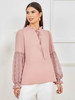 Styli - Pink Dobby Balloon Sleeves Detail Tie-up Neck Top