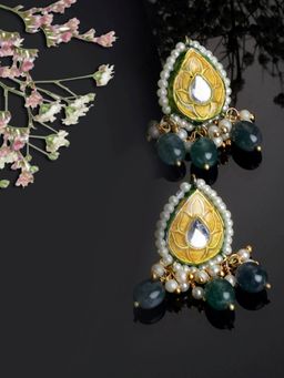 Dugran By Dugristyle - Green and Gold Dangler Earrings with Kundan & Pearls