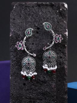 Adwitiya - Oxidised Silver Plated Multi Stone Studded Pearl-Tassel Drop Earrings
