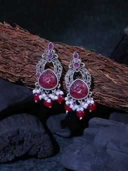 Adwitiya - Oxidised Red Stone-Studded Pearl-Tassel Drop Earrings