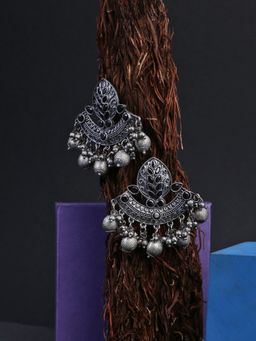 Adwitiya - Oxidised Black Stone-Studded Pearl-Tassel Drop Earrings
