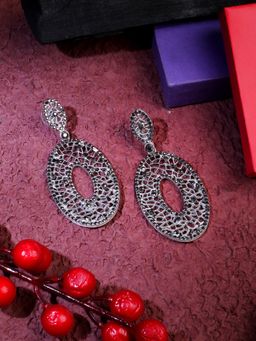 Adwitiya - Oxidised Silver Plated Silver Stone Studded Drop Earrings