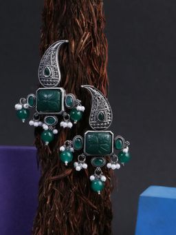 Adwitiya - Oxidised Green Stone-Studded Pearl-Tassel Drop Earrings