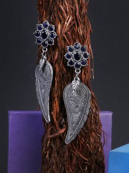 Adwitiya - Oxidised Blue Stone-Studded Leaf-Temple Drop Earrings