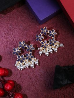 Adwitiya - Gold-Plated Black Stone-Studded Pearl-Tassel Drop Earrings