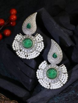 Adwitiya - Oxidised Green Stone-Studded Pearl-Beaded Earrings