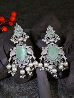 Adwitiya - Oxidised Green Stone-Studded Pearl-Tassels Earrings