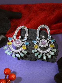 Adwitiya - Oxidised Multi Stone-Studded Pearl-Tassels Earrings