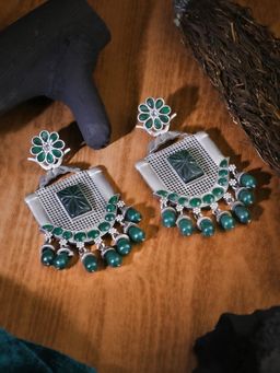 Adwitiya - Oxidised Green Stone-Studded Pearl-Tassels Earrings