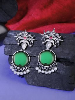 Adwitiya - Oxidised Green Stone-Studded Pearl-Tassels Earrings