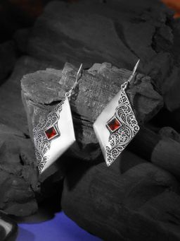 Adwitiya - Silver-Plated Red Stone-Studded Earrings