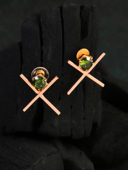 Adwitiya - Gold Plated Green Stone-Studded Cross Design Earrings