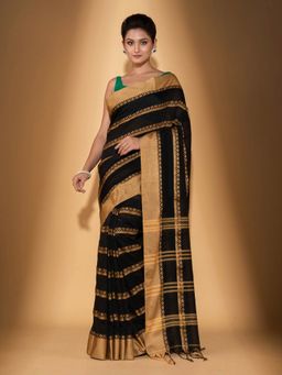 Beatitude - Black Cotton Woven Saree with Unstitched Blouse