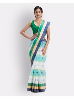 Angoshobha - Box Check Tant Pure Cotton Saree -White, Turquoise