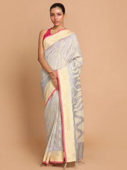 Indethnic - Banarasi Steel Grey Woven Design Work Wear Saree With Unstitched Blouse
