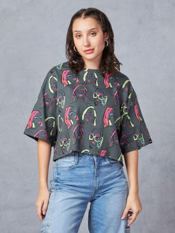 Bewakoof - Women's Grey All Over Printed Oversized Short Top