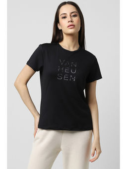 Van Heusen - Women Black Solid Formal Round Neck T-Shirt
