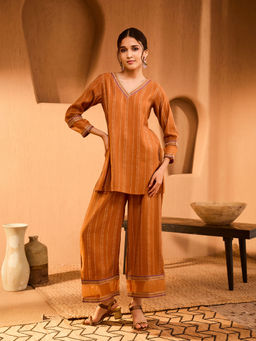 Bani Women - Modal Chanderi Rust Striped Co-Ord (Set of 2)