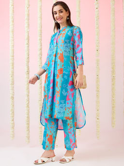 Globus - Women Blue Floral Print Mandarin Collar Straight Kurta and Pant (Set of 2)