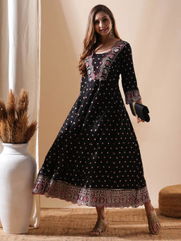 FASHOR - Ethnic Foil Printed & Embroidered Anarkali Maxi Dress - Black